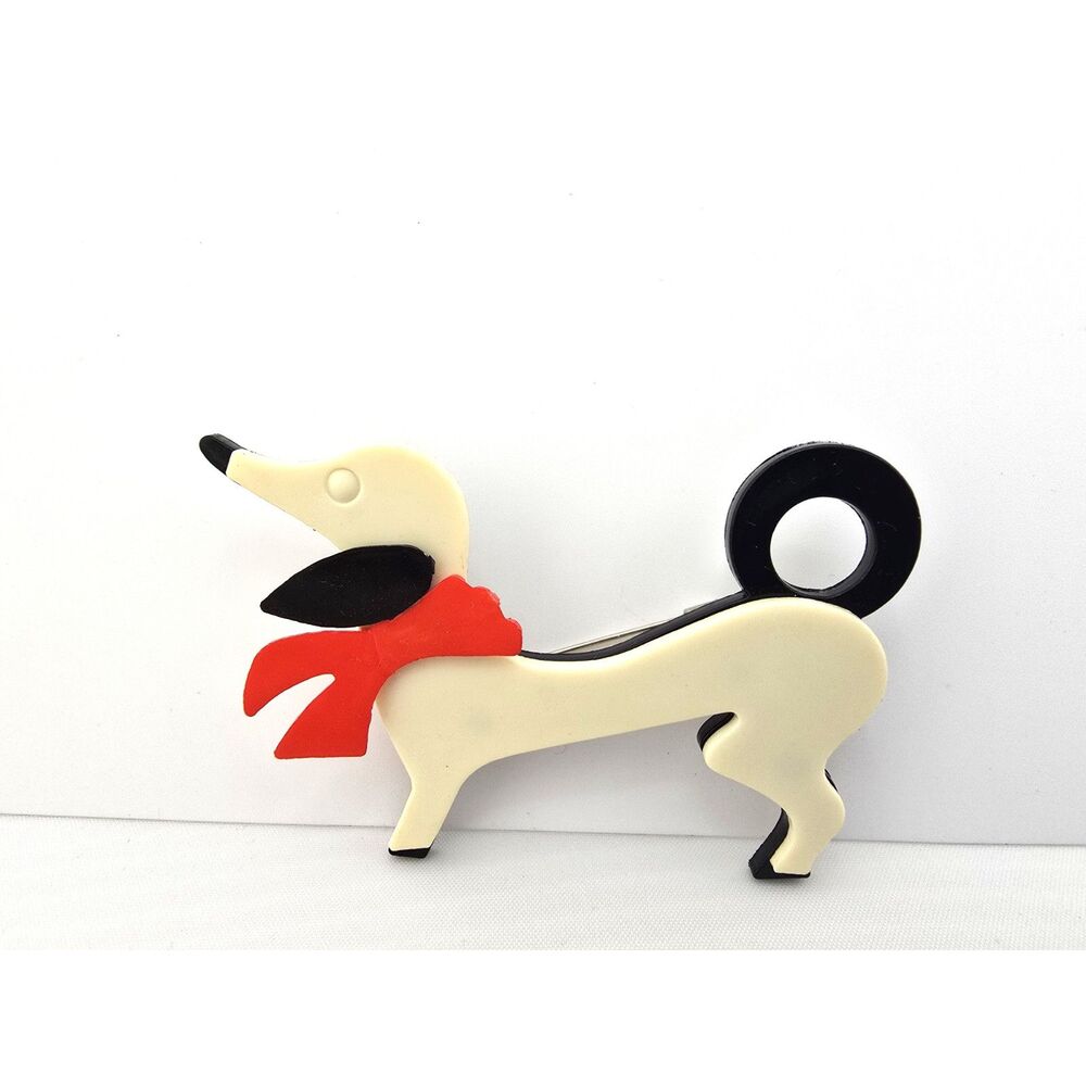 Vintage Plastic Dachshund Dog Brooch Pin Layered White Black 2.5" Long Animal